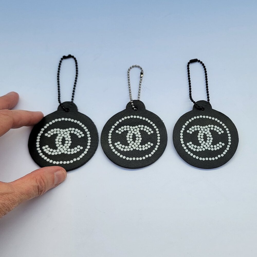 3 CHANEL Gift Tag / Bag Charm, black leather w/ white CC logo Authentic Vintage